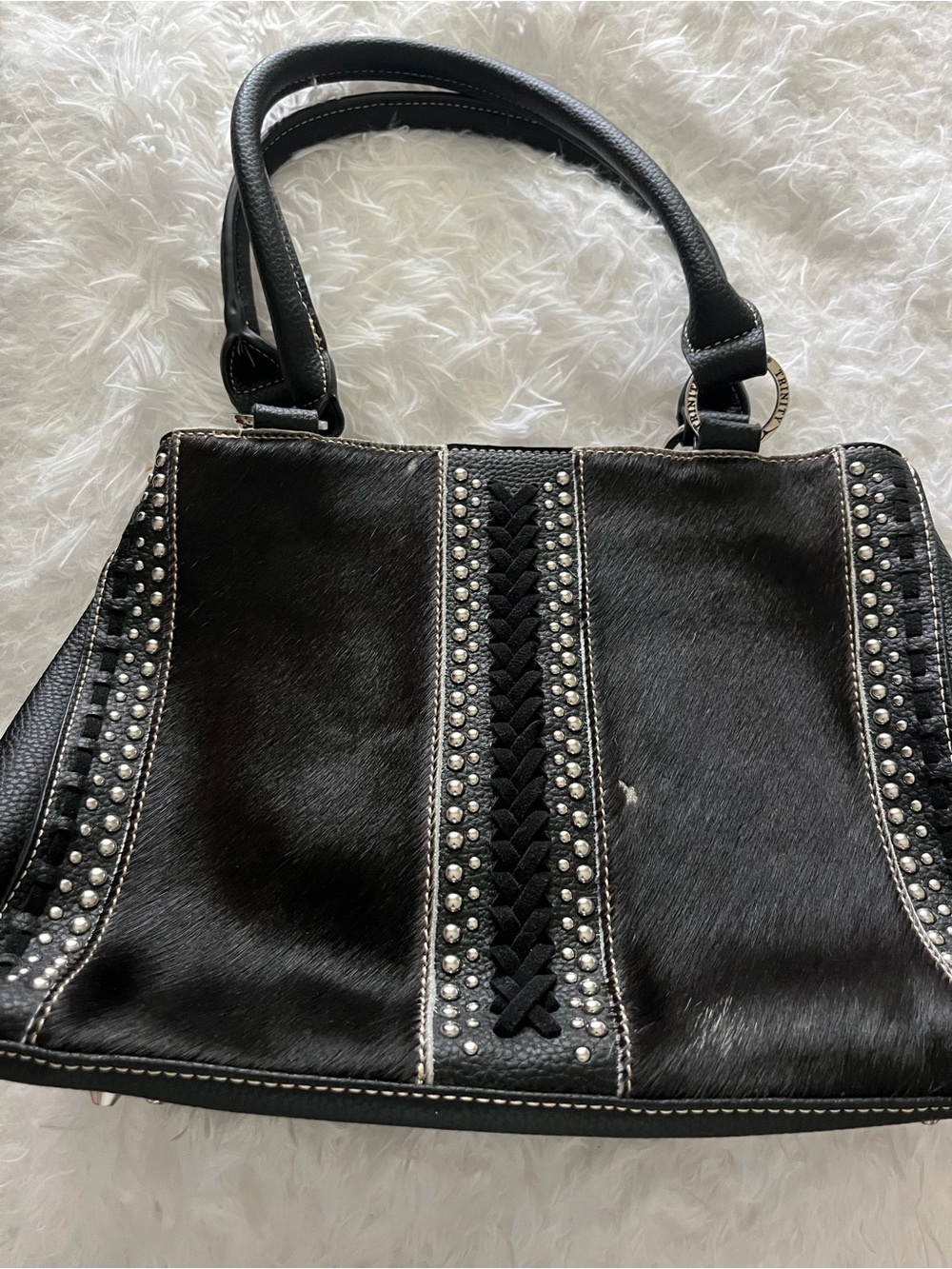 Montana West Black Braided & Studded Shoulder Tote with Hair-On-Hide Panels